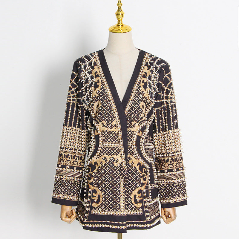 Long Sleeve V-Neck Blazer With Printed Pattern Beads