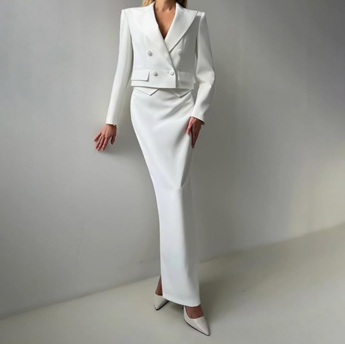 Woman wearing the Old Money Collection Couture Camarena Three Piece Skirt Set