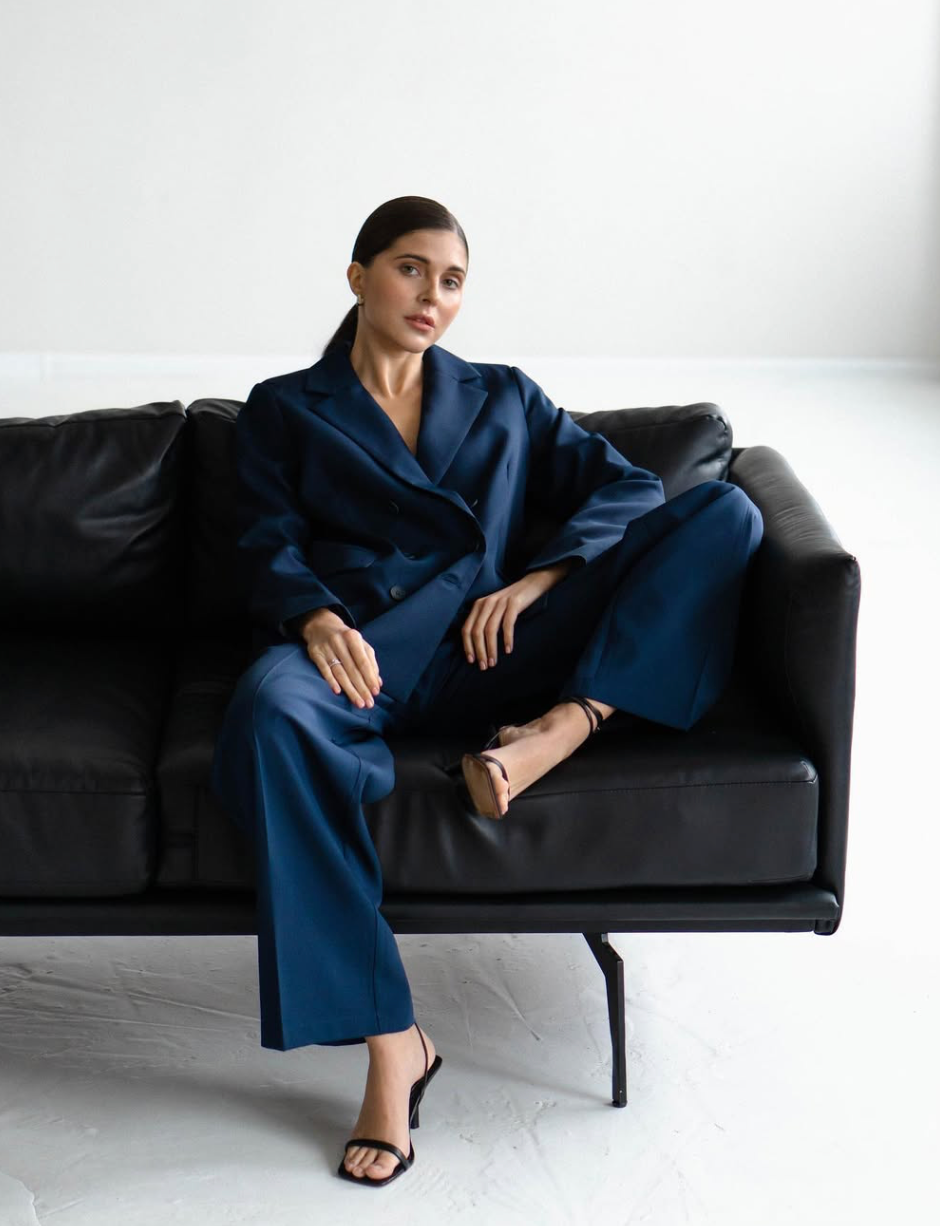 Woman wearing the Old Money Collection Couture Veevo Two Piece Suit