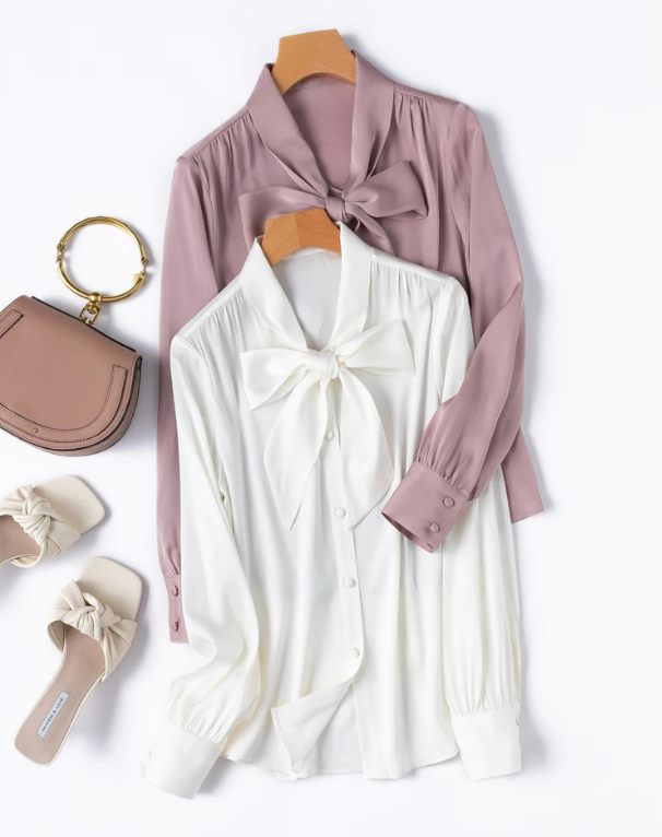The Old Money Collection Silk Lace Up Bow Blouse