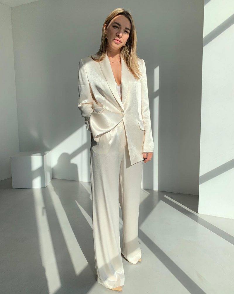 Woman wearing the Eclipse Two Piece Suit Set