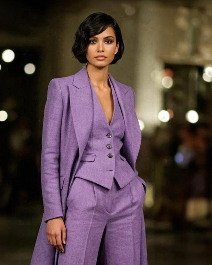 Woman wearing the purple Sybaris Three Piece Suit