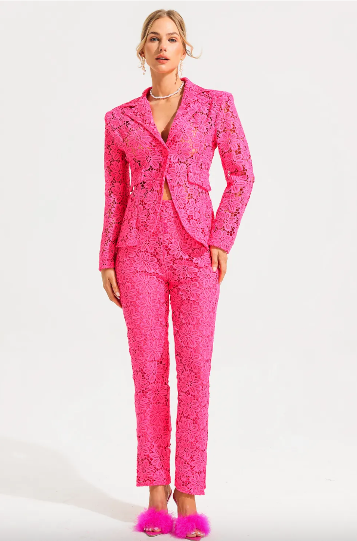 Elegant Lace 2-Piece Suit with Pencil Pants and One Button Single Breasted Blazer