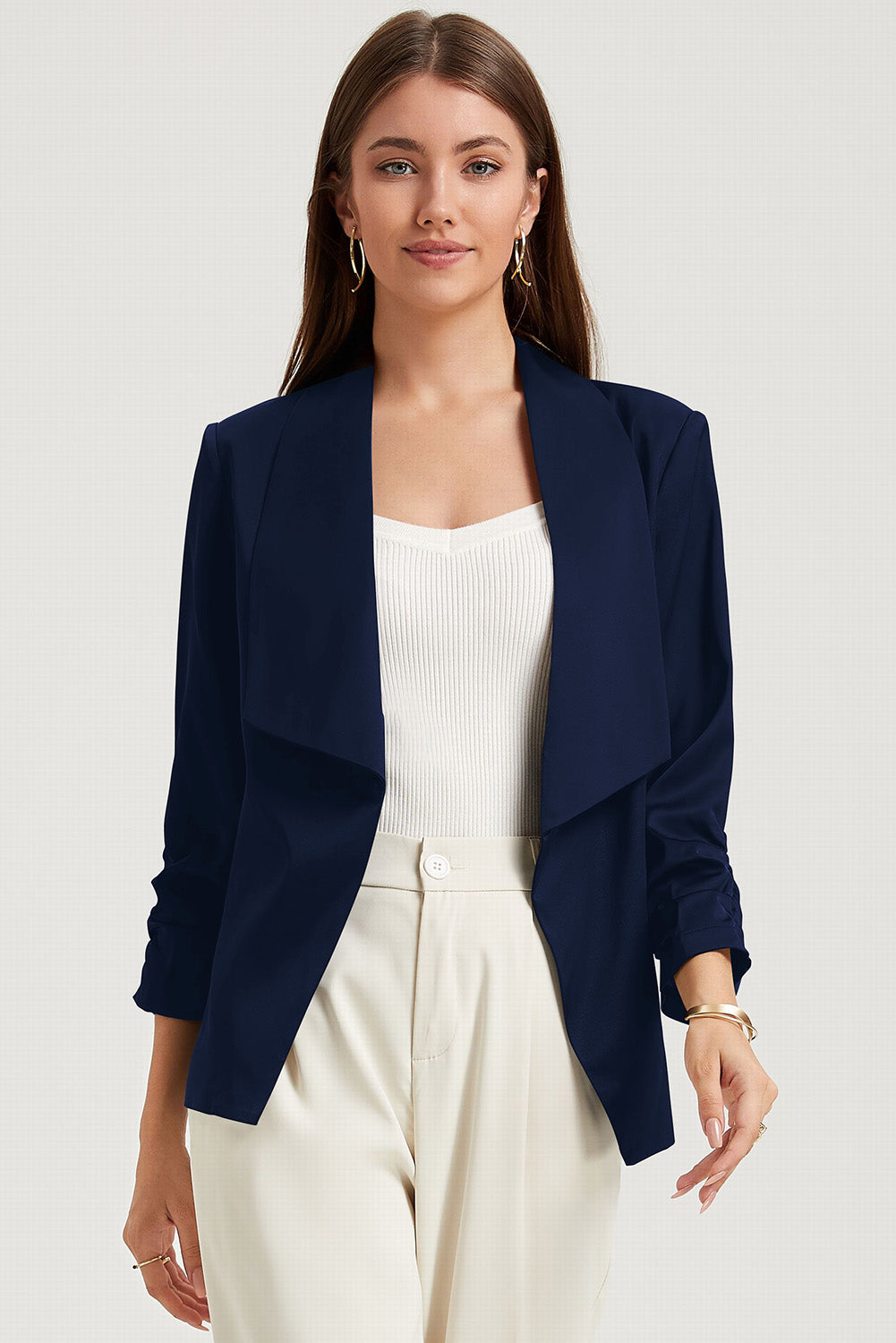 Solid Blue Lapel Collar Satin One Button Blazer