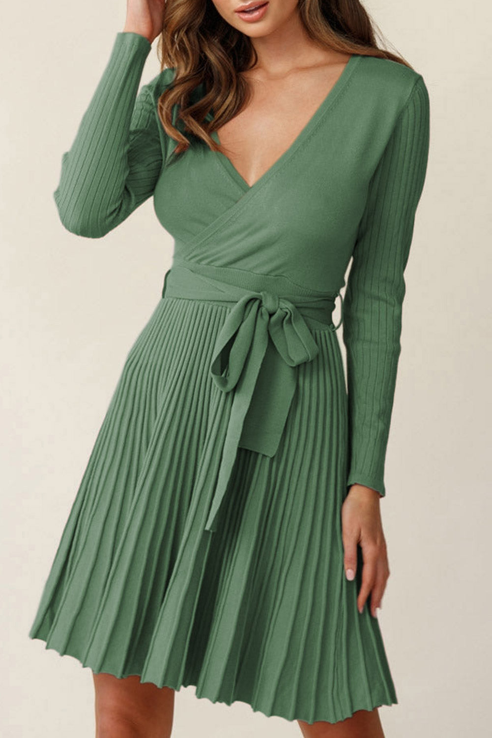Belted V-neck Pleated Sweater Dress