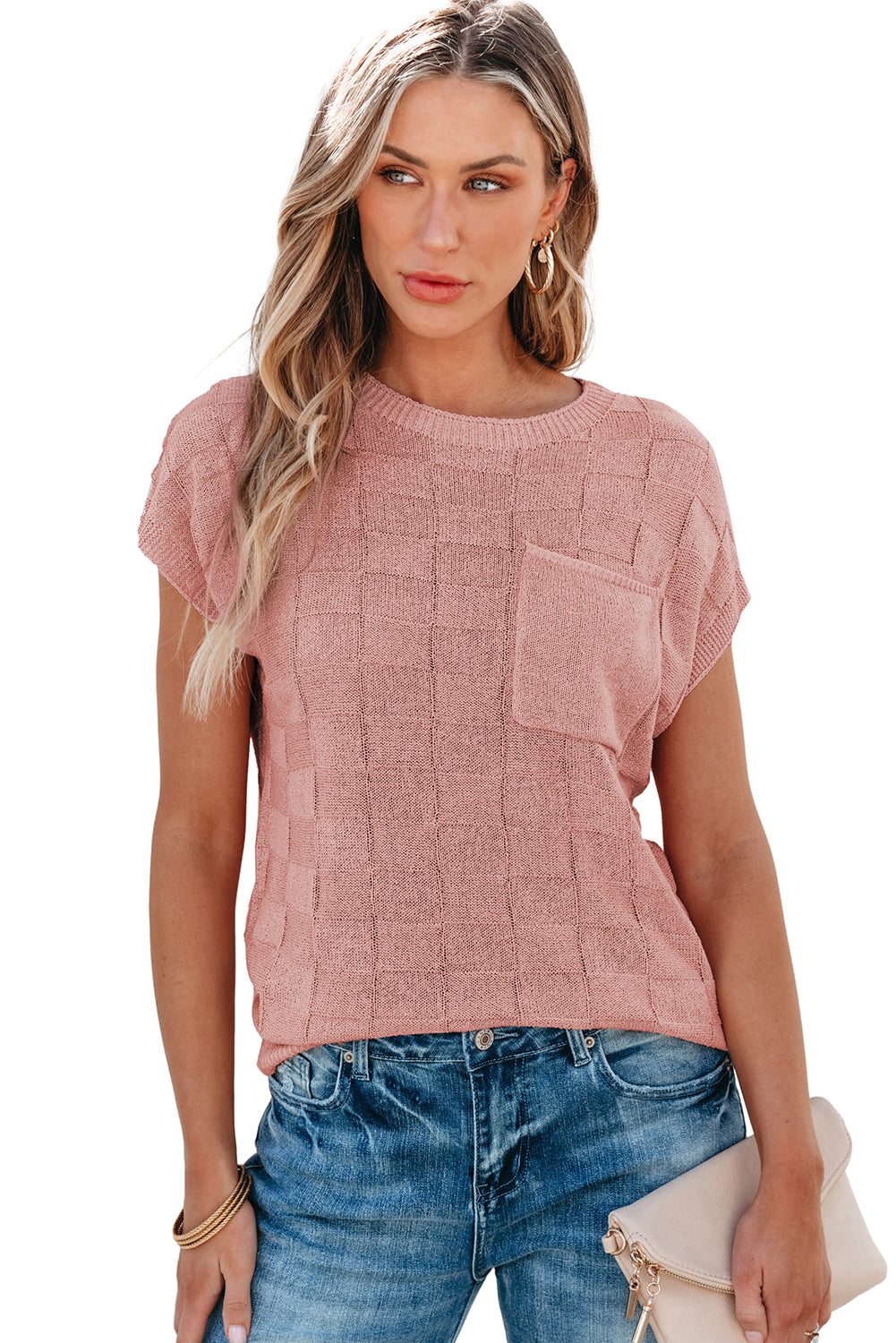 Pink Lattice Short Sleeve Sweater
