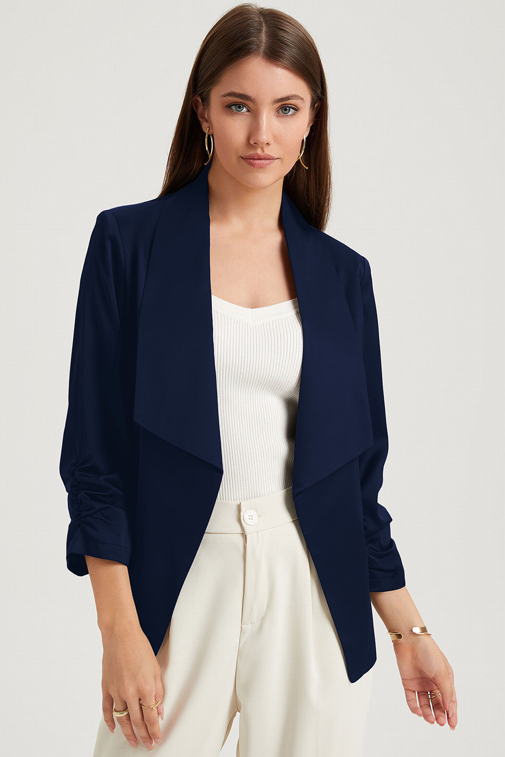 Solid Blue Lapel Collar Satin One Button Blazer