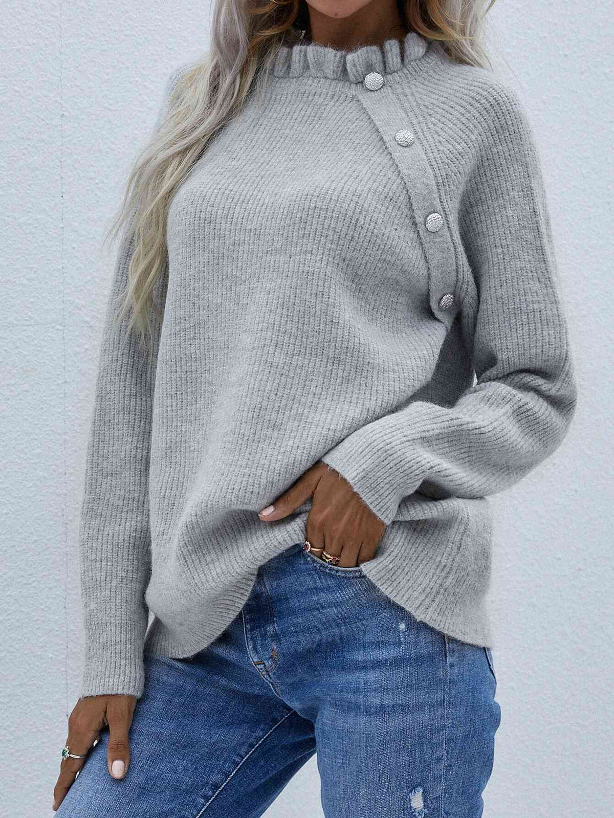 Frill Neck Rib-Knit Button Sweater