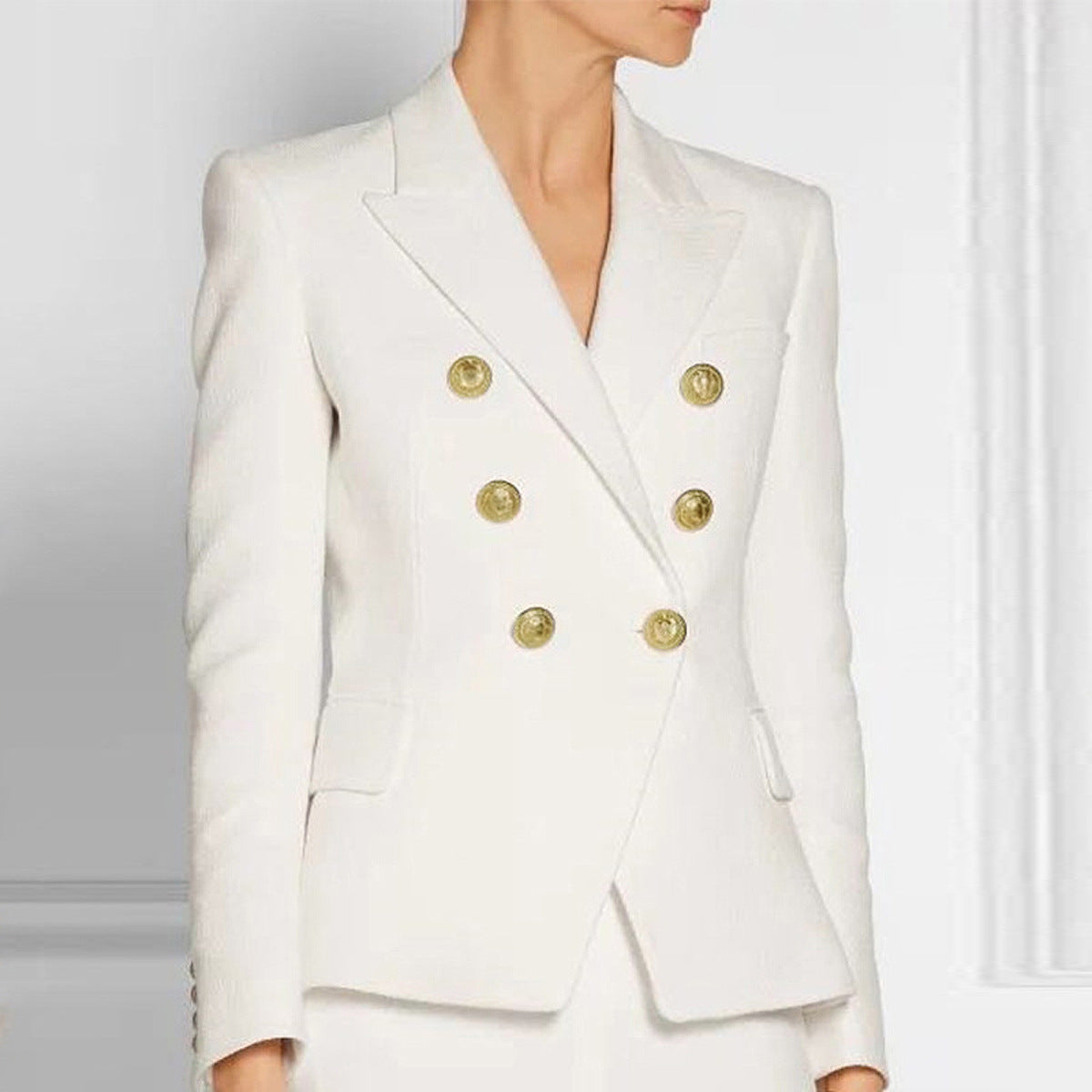 Waist Slimming Women's Classic Double Breasted Blazer With Gold Buttons