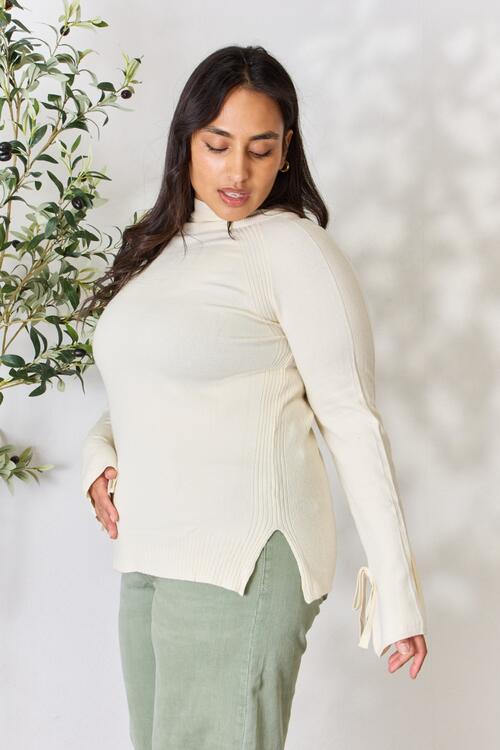 Ribbed Bow Detail Long Sleeve Turtleneck