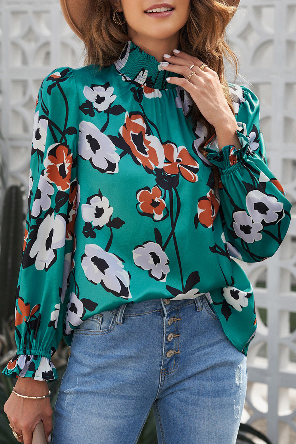 Smocked Flounce Sleeve Blouse