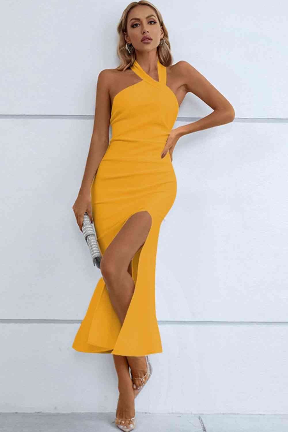 Halter Neck Split Fishtail Body Con Dress