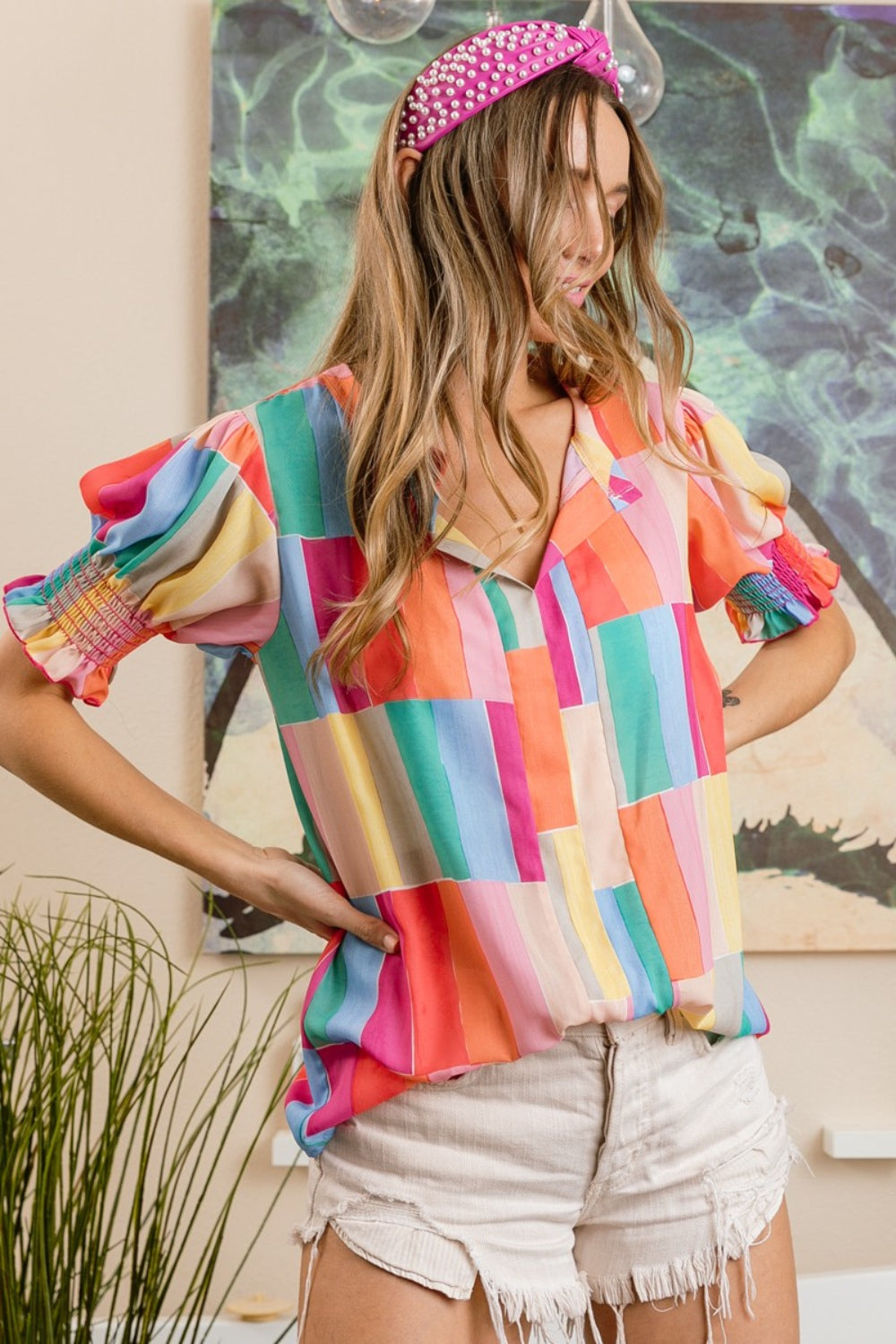 Color Block Smocked Blouse