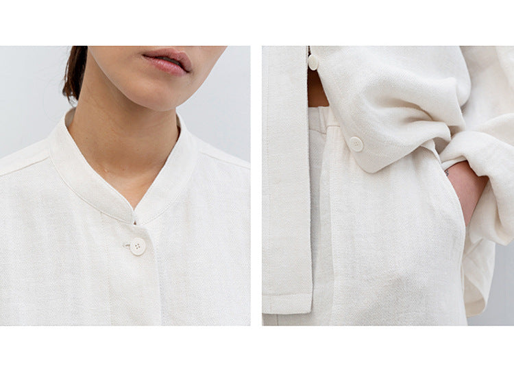 Artistic Stand Collar Linen Long Sleeve Shirt