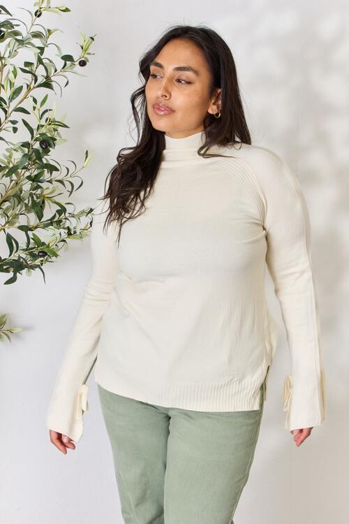Ribbed Bow Detail Long Sleeve Turtleneck