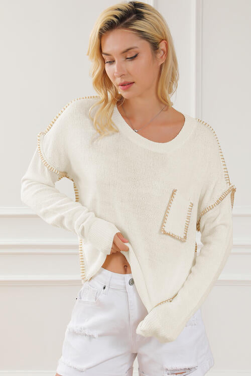 Exposed Seam Round Neck Sweater