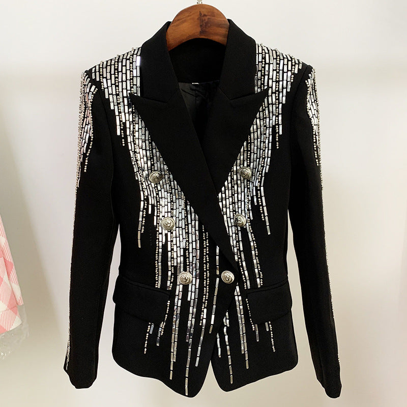 Double Breasted Metal Sheet Blazer With Heavy Industry Beads