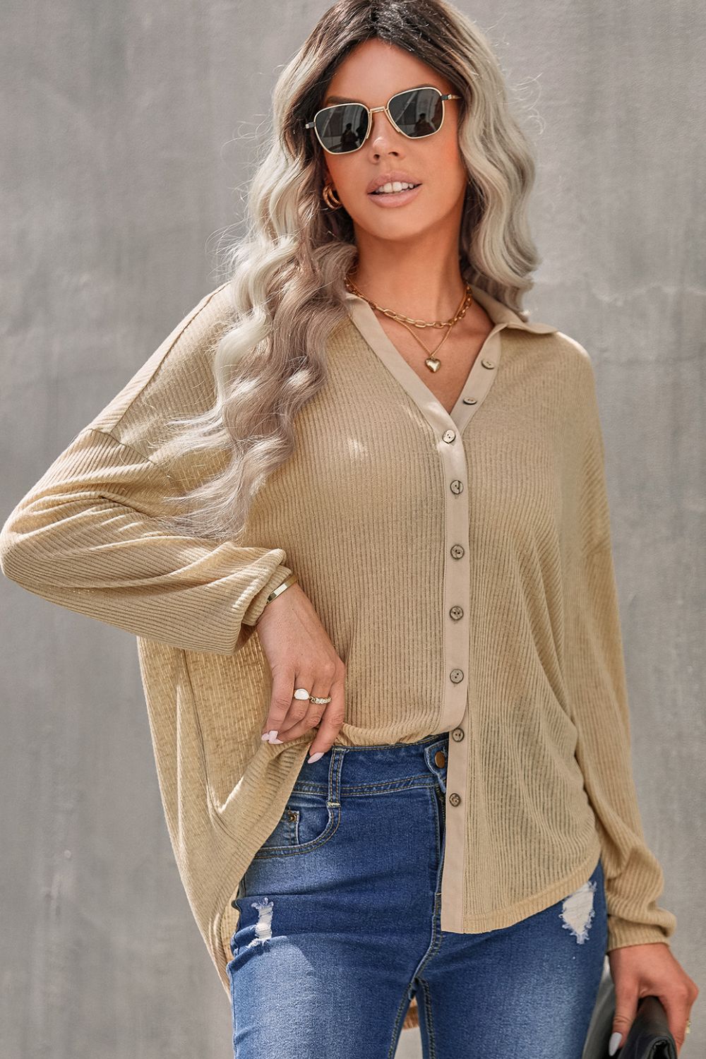 Button Front Dropped Shoulder Knit Shirt