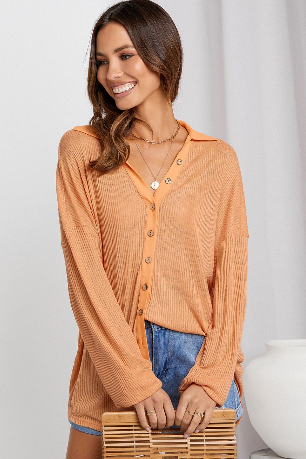 Button Front Dropped Shoulder Knit Shirt