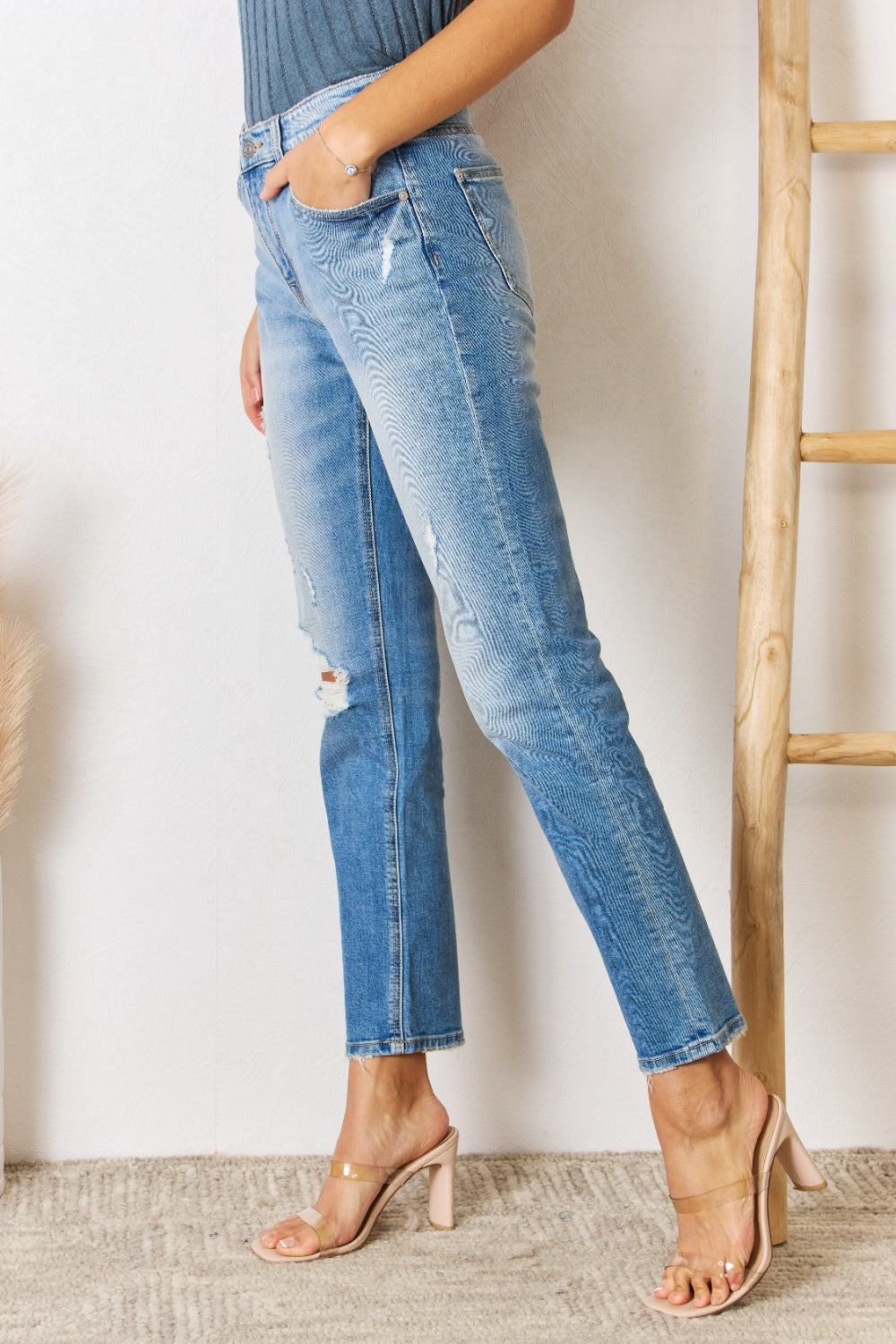 Distressed Slim Straight Jeans