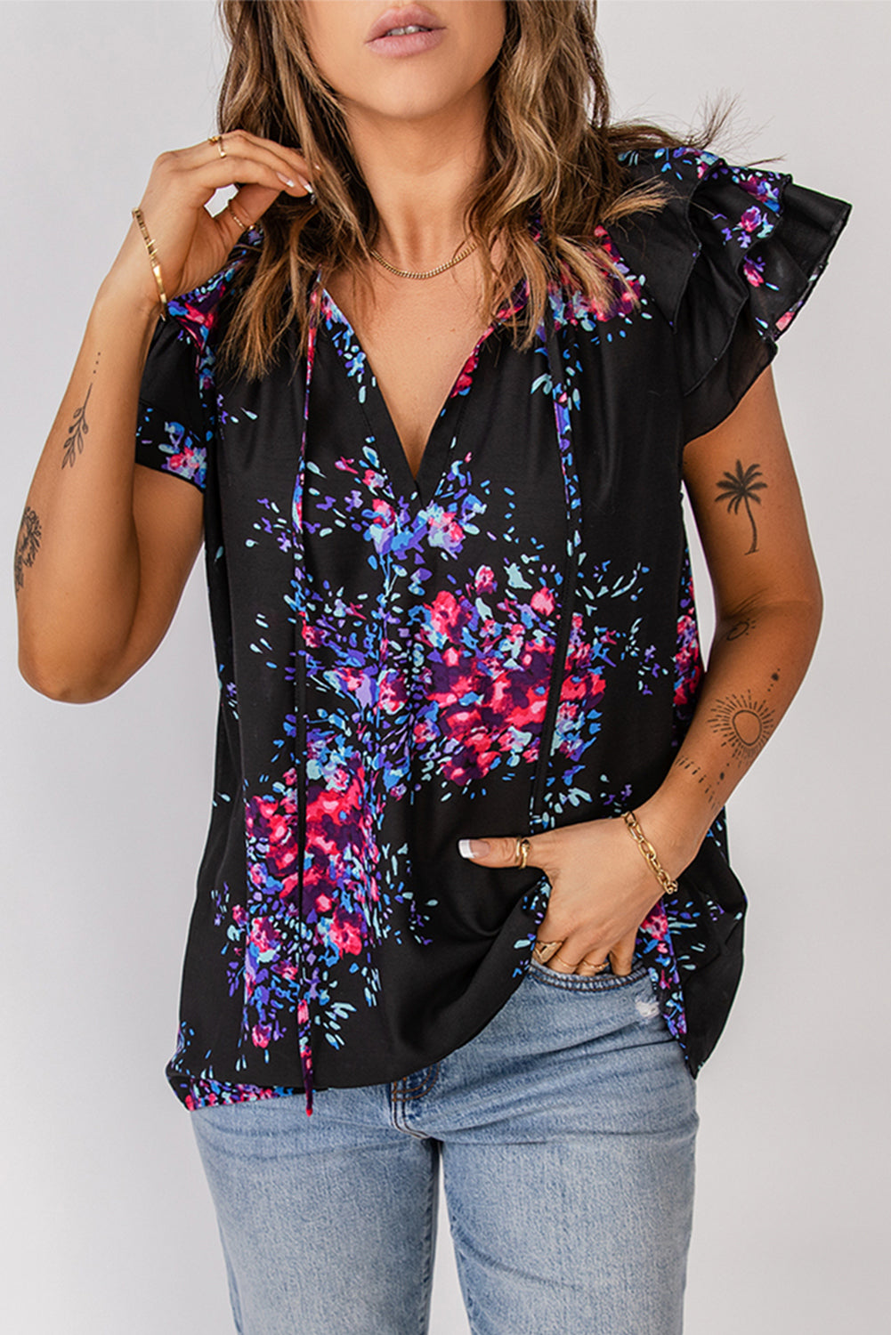 Floral Tie-Neck Blouse