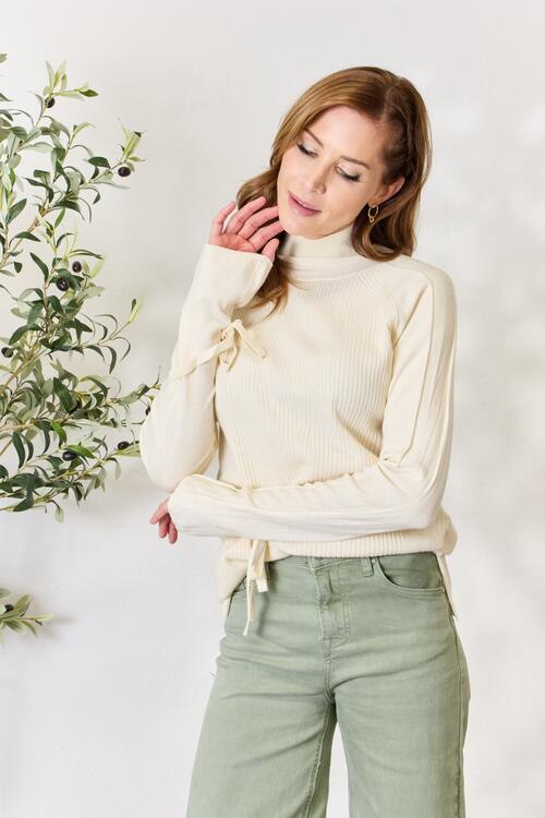 Ribbed Bow Detail Long Sleeve Turtleneck