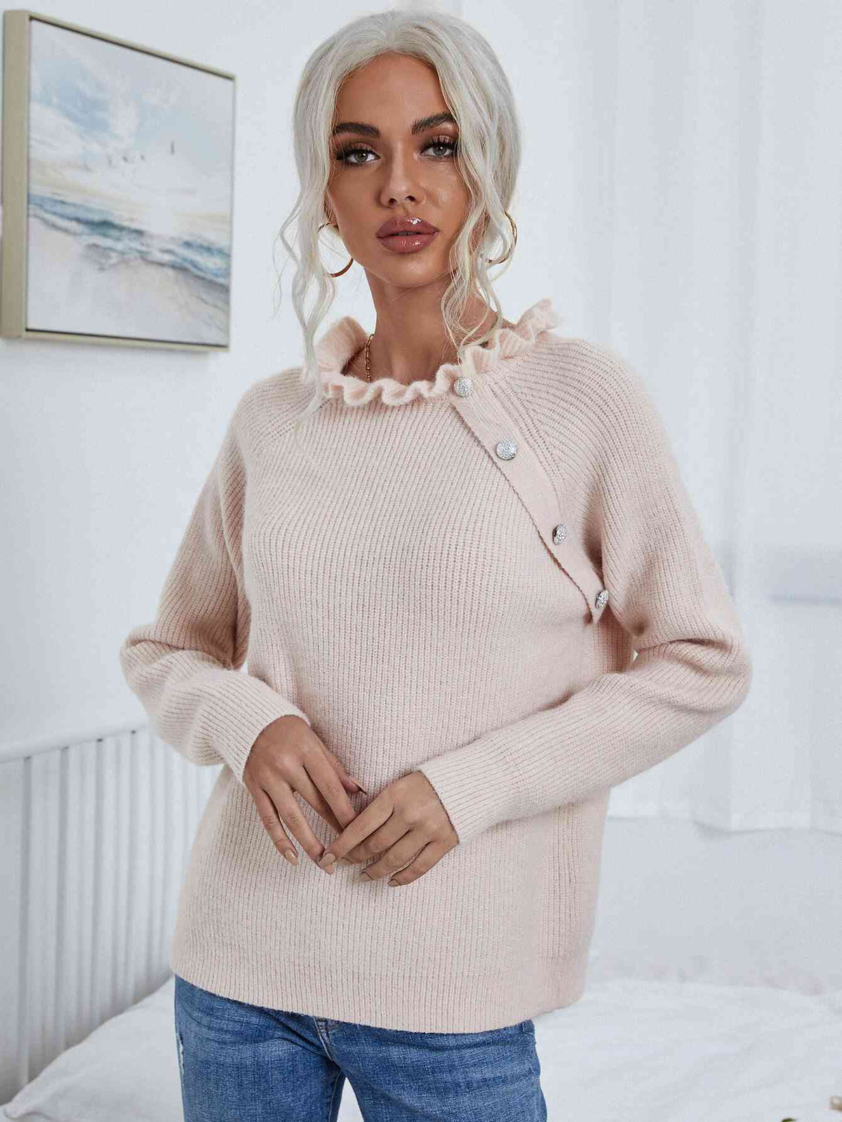 Frill Neck Rib-Knit Button Sweater