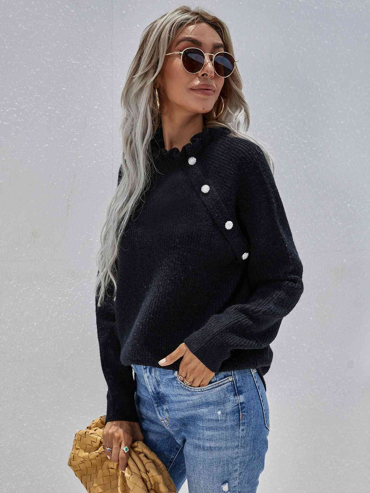 Frill Neck Rib-Knit Button Sweater