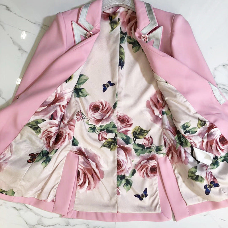 Three Dimensional Rose Buckle Blazer With Rose Print Lining