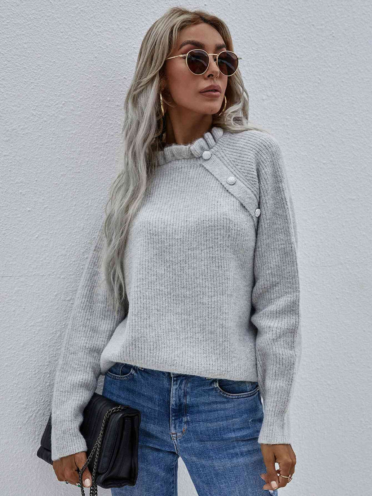 Frill Neck Rib-Knit Button Sweater