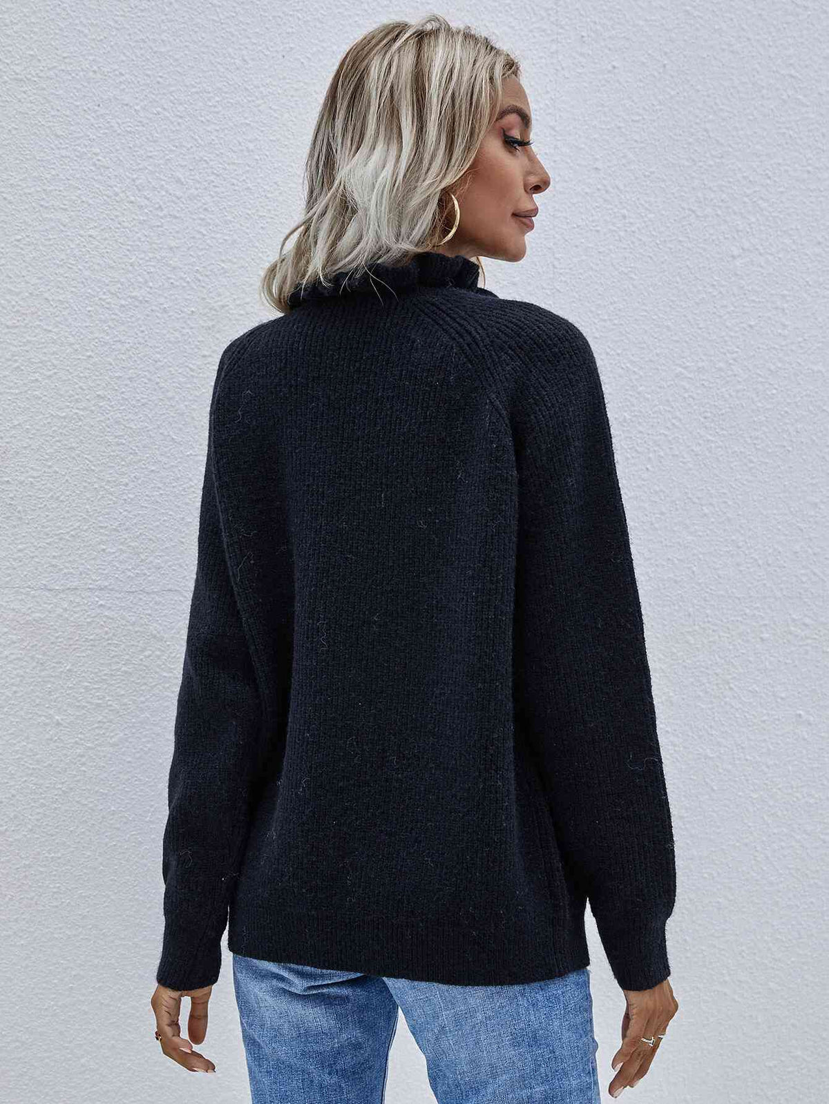 Frill Neck Rib-Knit Button Sweater