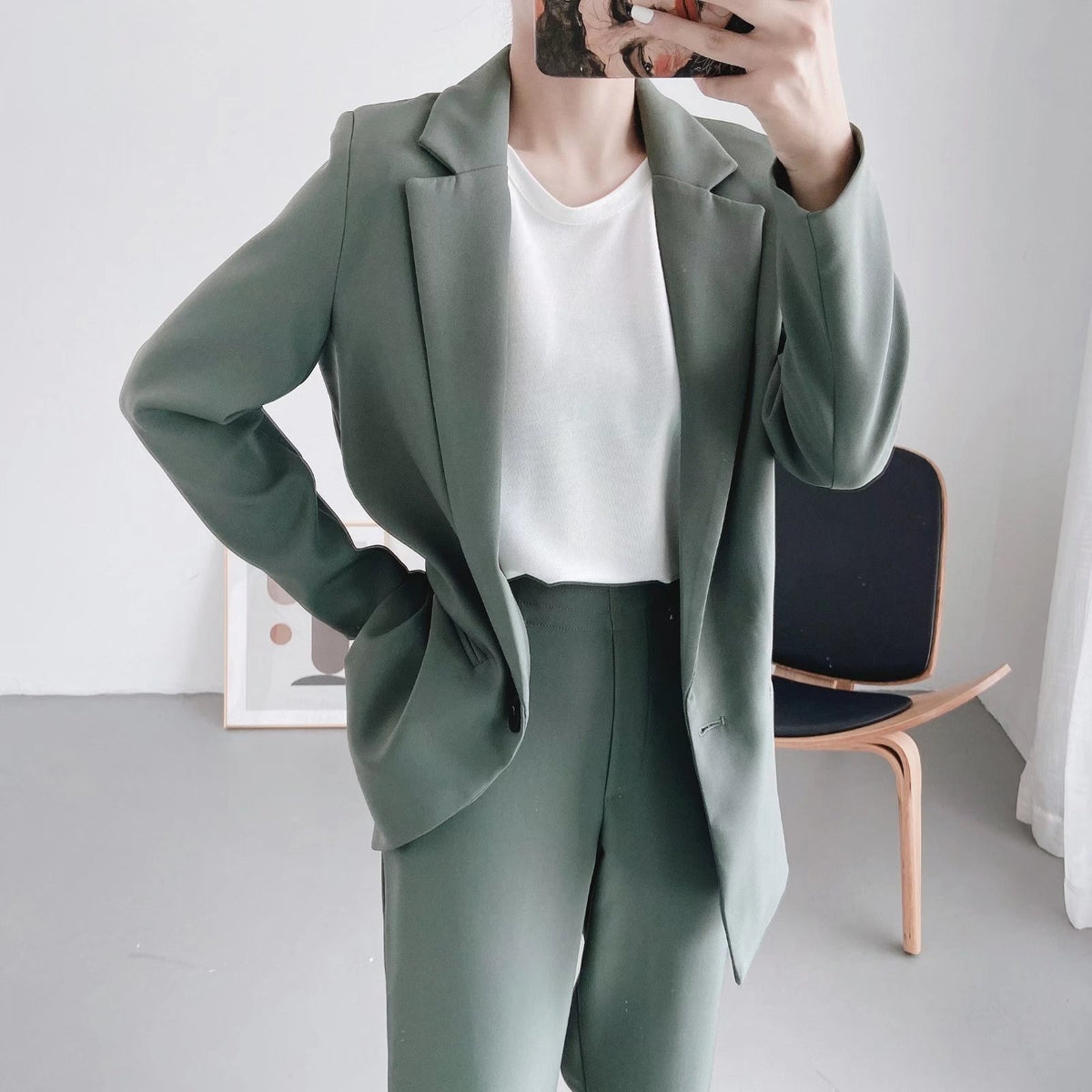 One Button Blazer and Capris Pant Suit Set