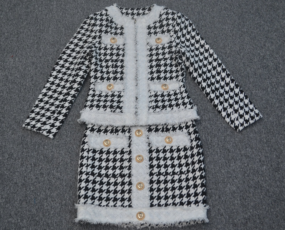 Black and White Houndstooth Skirt And Cropped Blazer Set