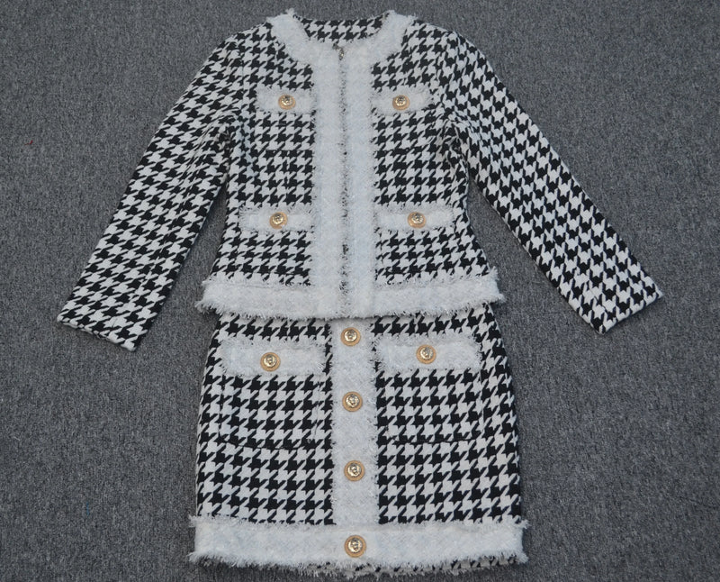 Black and White Houndstooth Skirt And Cropped Blazer Set