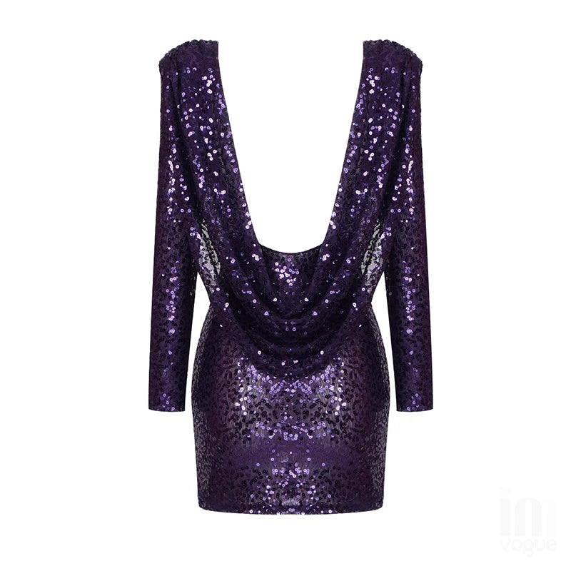 Backless Long Sleeve Sequin Party Dress