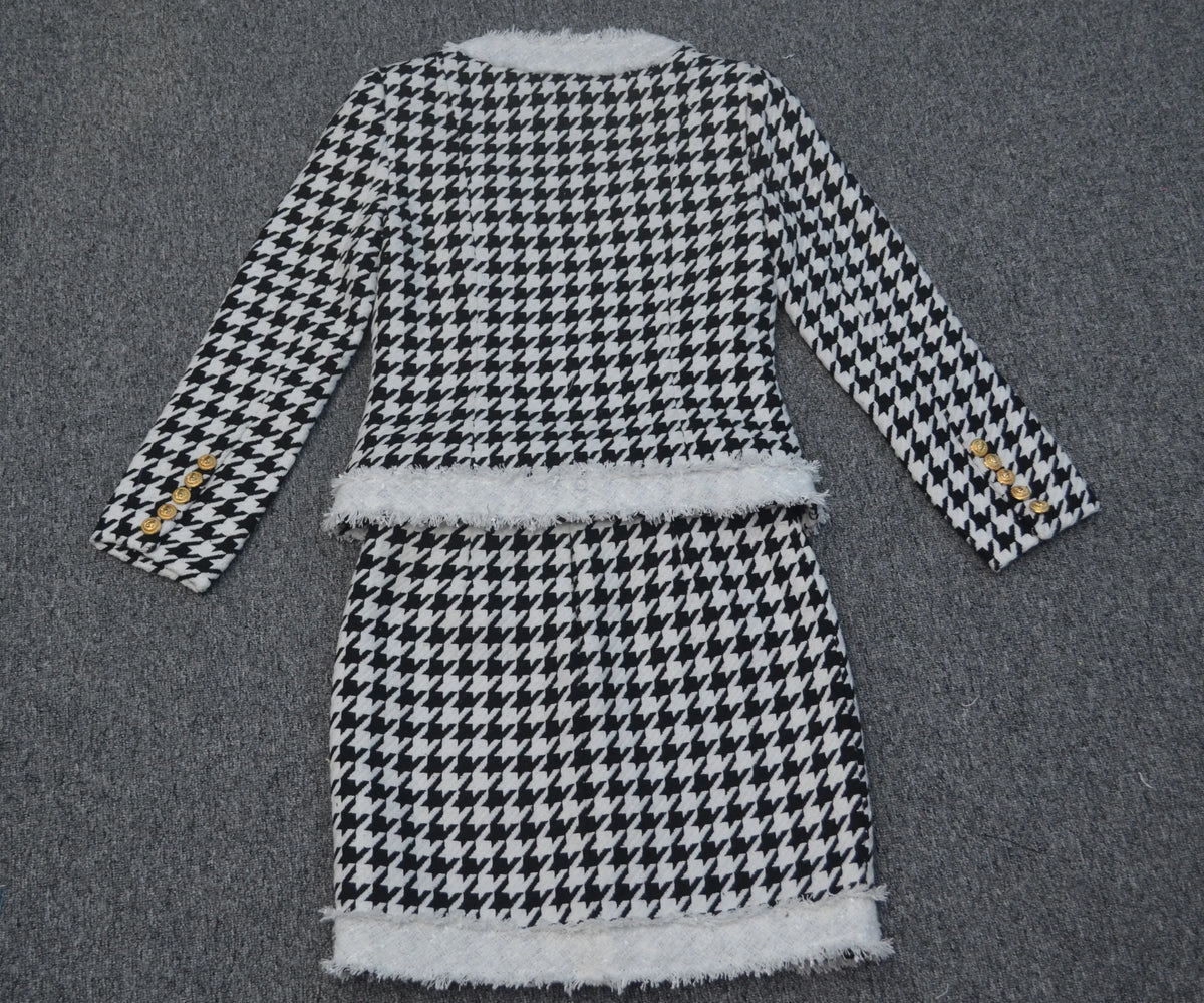 Black and White Houndstooth Skirt And Cropped Blazer Set