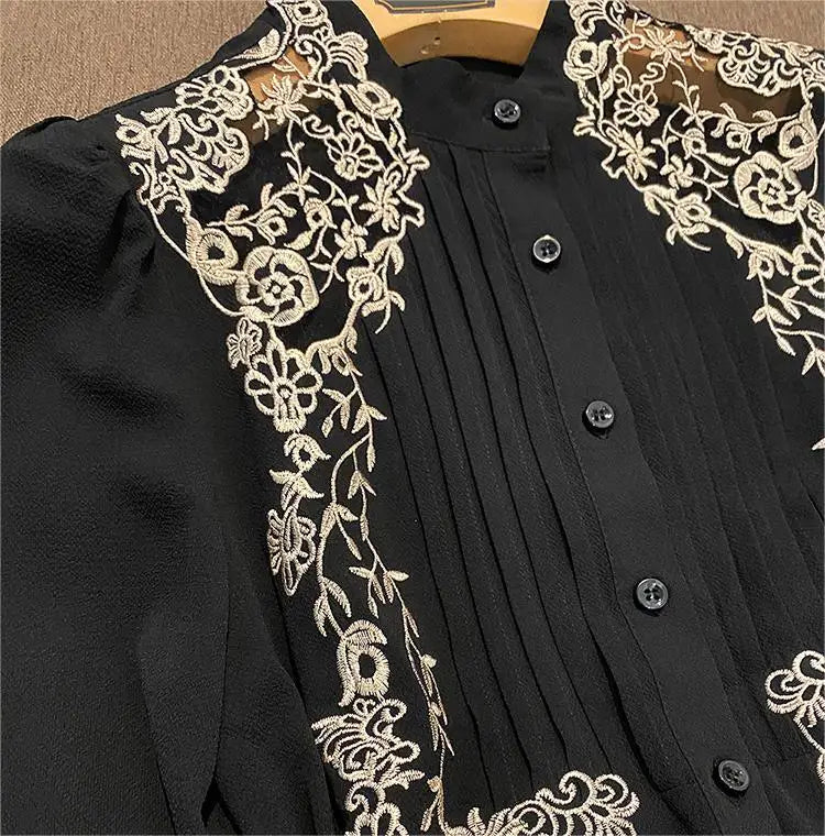 Elegant Embroidery Silk Lace Patchwork Long-Sleeve Black Bodysuit