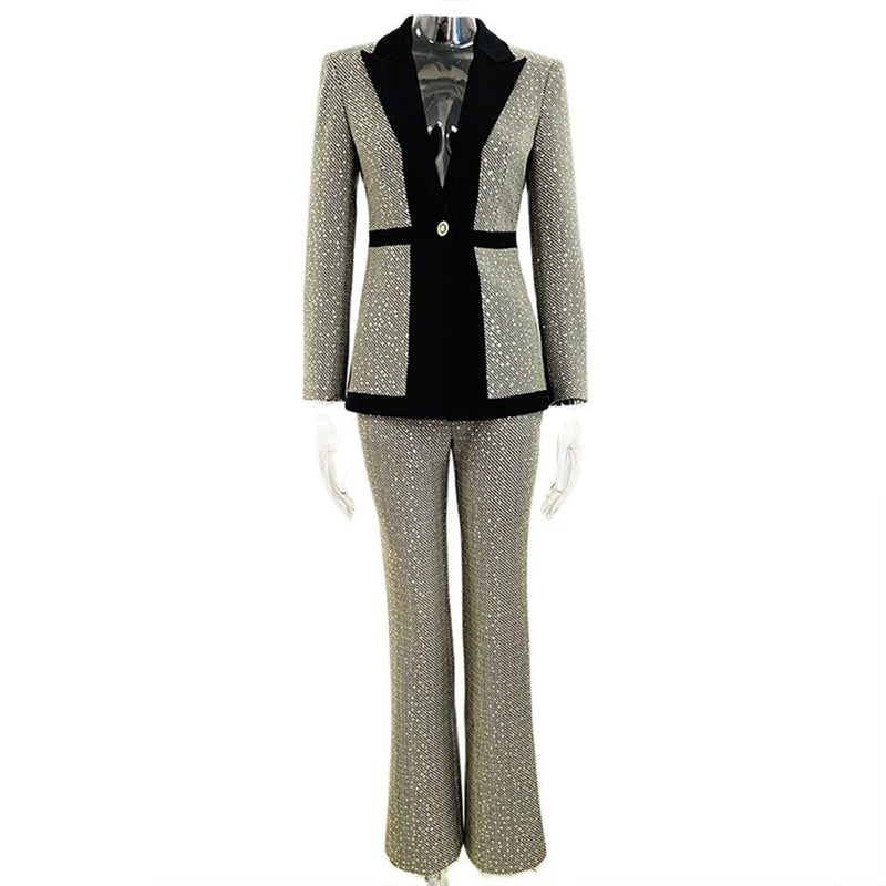 2-Piece Black and White Blazer Suit With Sequin Ornate Buttons