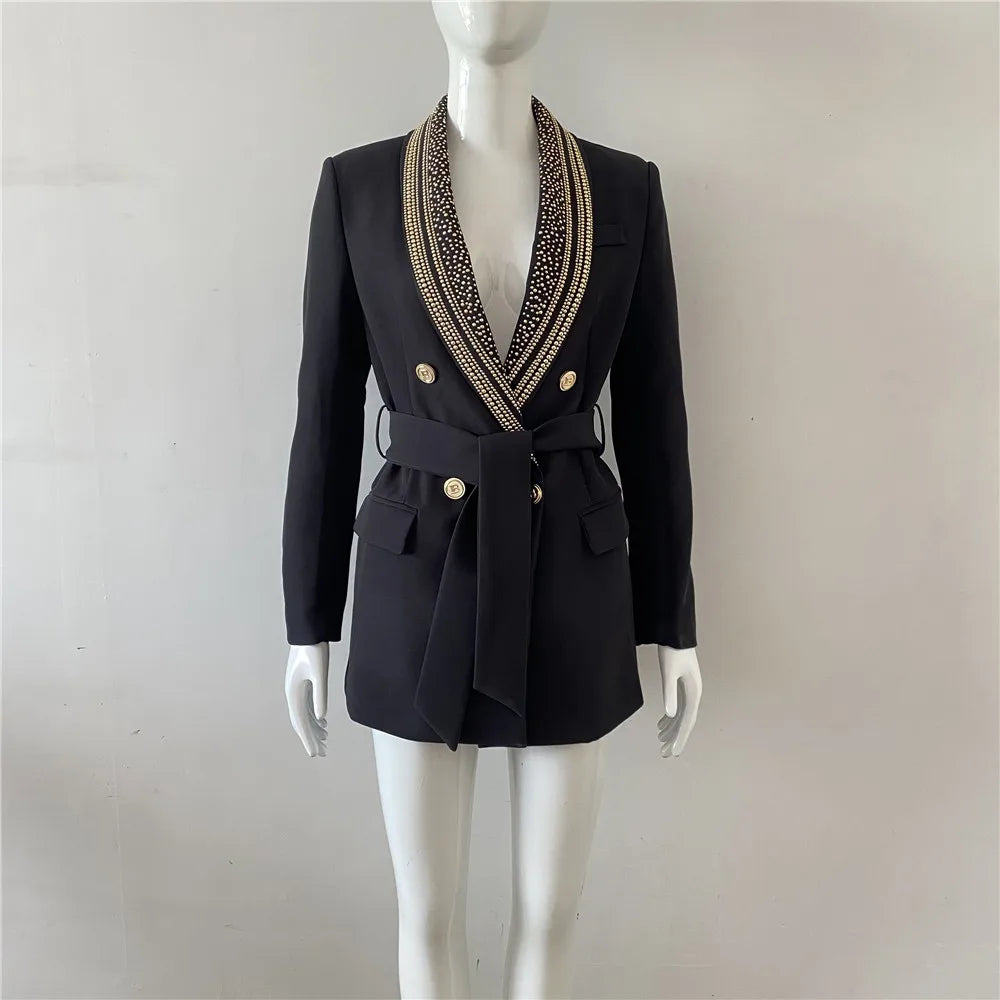 V-Neck Double Beaded Blazer Dress With Full Sleeves