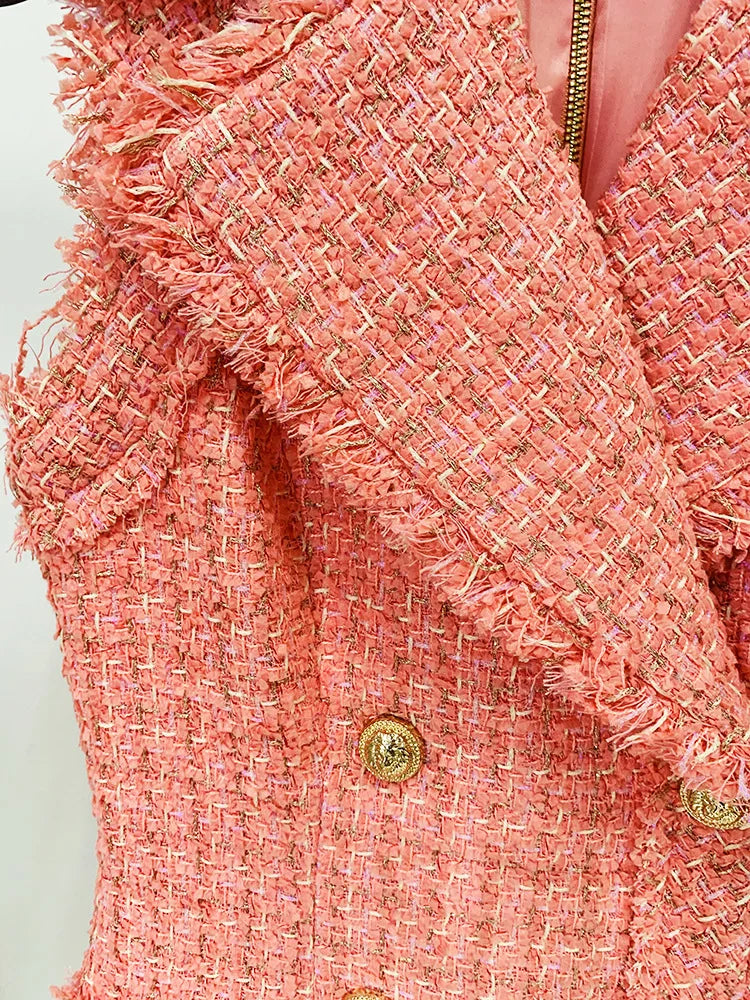 Luxury Sleeveless Tweed Pink Blazer Dress With Gold Buttons