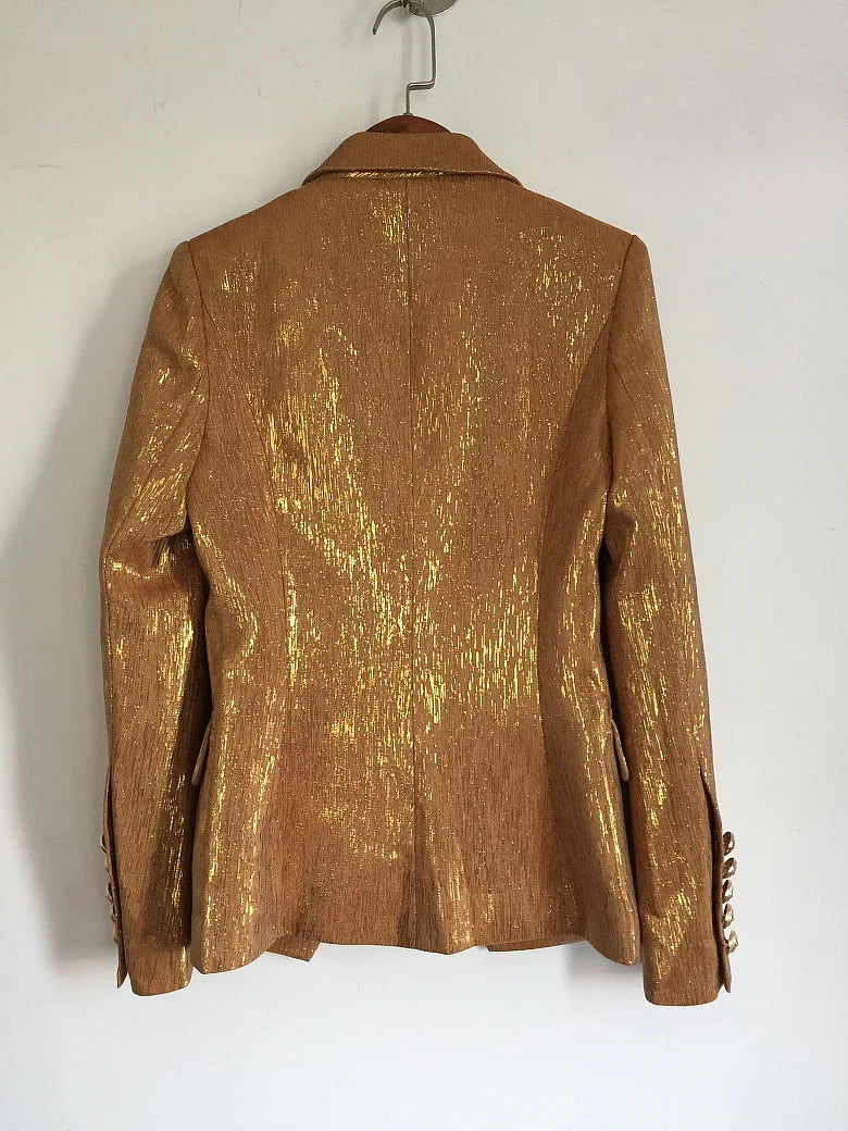 Gold Single-Breasted Blazer With Ornate Button