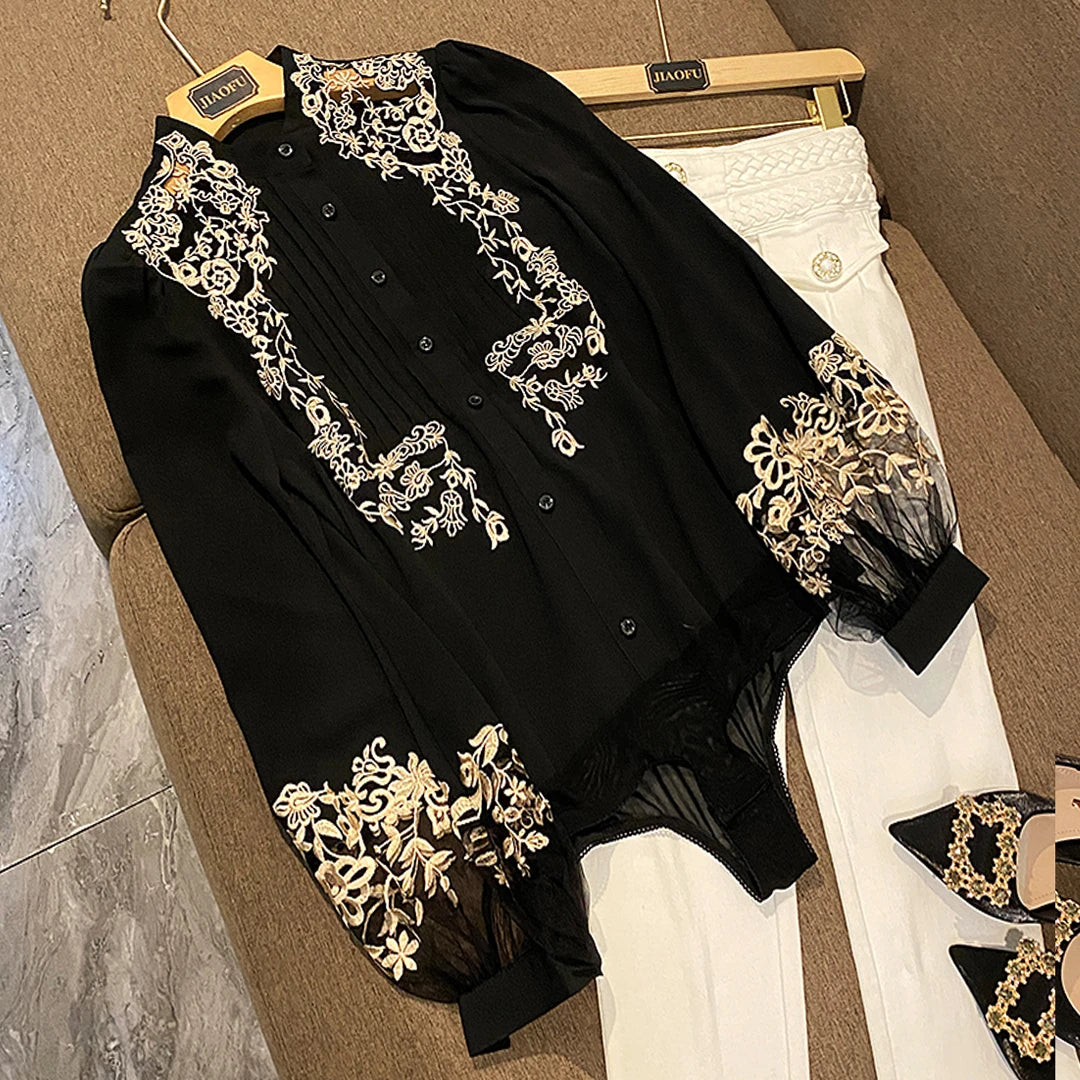 Elegant Embroidery Silk Lace Patchwork Long-Sleeve Black Bodysuit