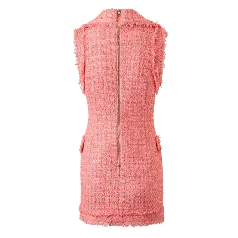 Luxury Sleeveless Tweed Pink Blazer Dress With Gold Buttons