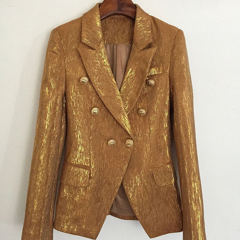 Gold Single-Breasted Blazer With Ornate Button