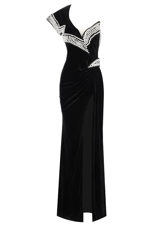 Velvet Split Pearl Evening Dress