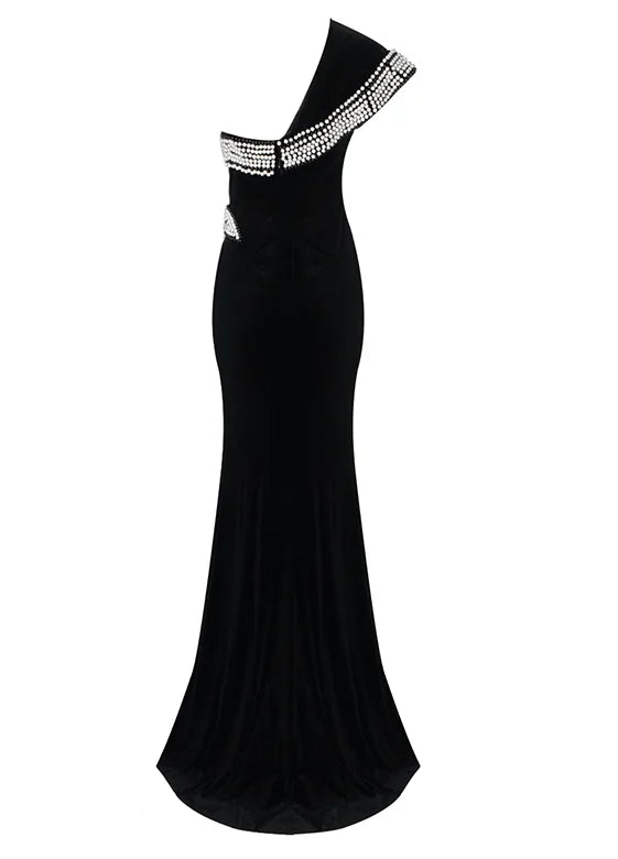 Velvet Split Pearl Evening Dress