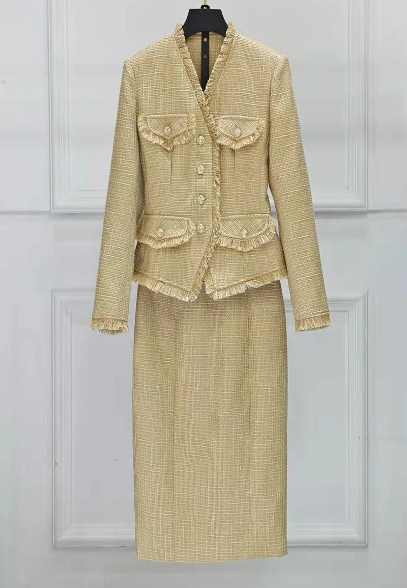 2-Piece Knee Length Skirt Suit With Tassel Closure