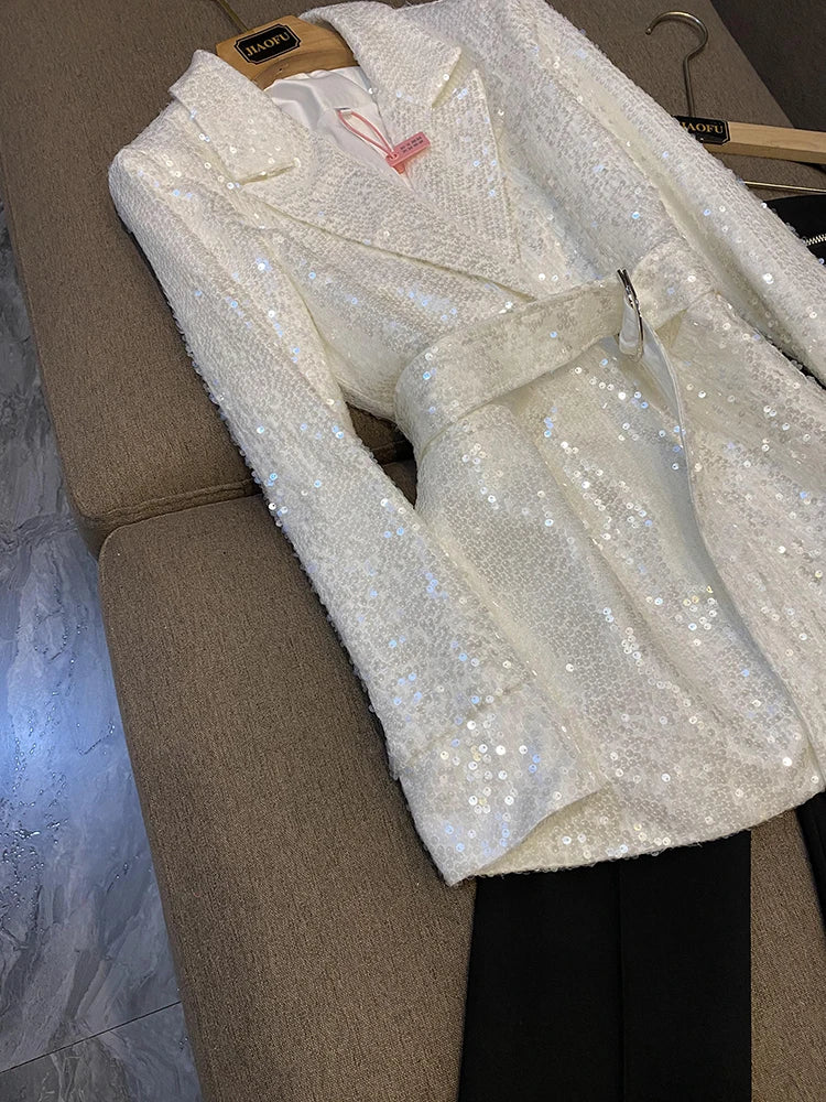 Long Sleeve Sequin Belted Fashion Blazer and Pant