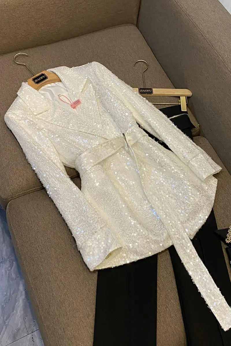 Long Sleeve Sequin Belted Fashion Blazer and Pant