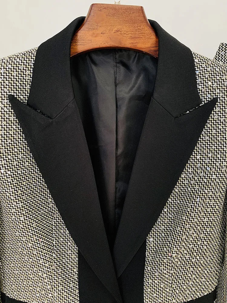 2-Piece Black and White Blazer Suit With Sequin Ornate Buttons